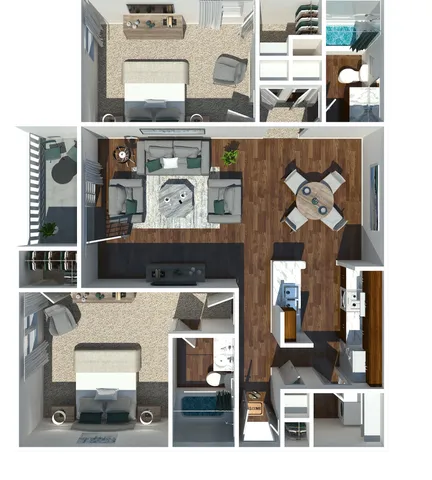 Modern floor plan featuring 2 spacious bedrooms, a cozy living room, stylish kitchen, and inviting dining area. Includes a private balcony for a perfect urban retreat.