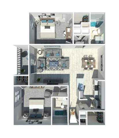 Contemporary 3D floor plan highlighting 2 spacious bedrooms, an elegant open-concept living and dining area, modern kitchen, and two stylish bathrooms.