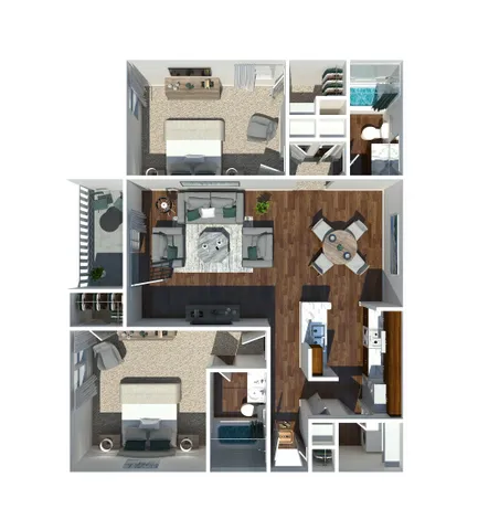 Modern 3D floor plan showcasing 2 spacious bedrooms, open-concept living and dining area, sleek kitchen, and two stylish bathrooms.