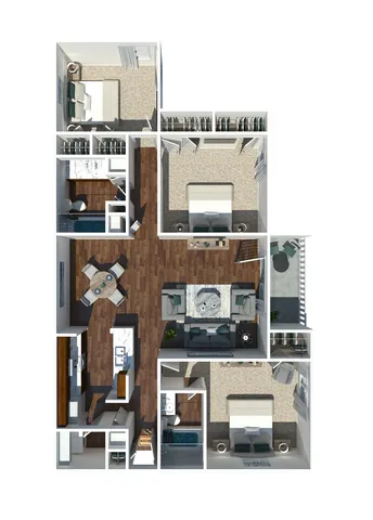 Modern 3D floor plan featuring 3 spacious bedrooms, open-concept living and dining area, a sleek kitchen, and private balcony access.
