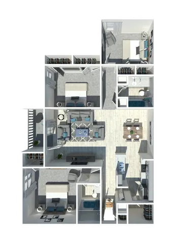 Modern 3D floor plan showcasing 3 bedrooms, a stylish open living area, and a chic kitchen with dining space.