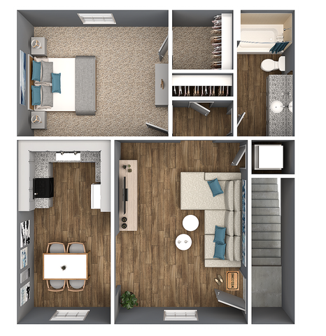 Modern apartment floor plan showcasing a spacious bedroom, open-concept living and dining area, sleek kitchen, and elegant bathroom.