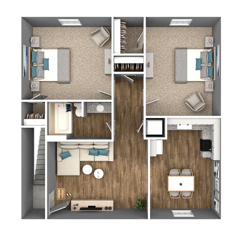 Modern 2D floor plan showcasing 2 spacious bedrooms, inviting living area, and sleek kitchen with dining space, all accented with stylish decor.