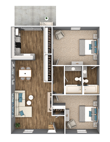 Modern 2D floor plan showcasing 2 spacious bedrooms, an open living room, stylish kitchen, and a cozy balcony.