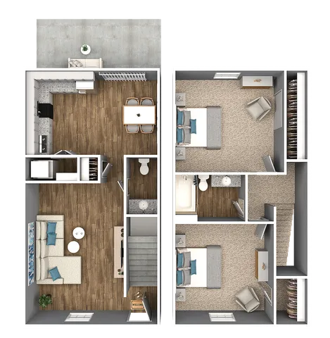 Modern 3D floor plan showcasing two spacious bedrooms, an inviting open-concept kitchen, dining area, and a cozy living room with wood flooring.