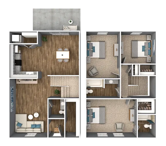 Modern 2-story floor plan featuring 3 spacious bedrooms, inviting open-concept living and dining area, and well-equipped kitchen.