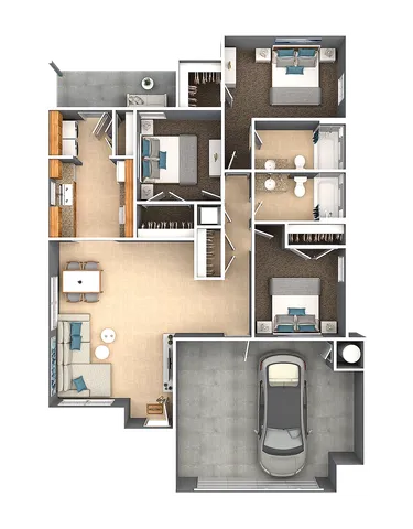 Modern 3D floor plan showcasing 2 bedrooms, 2 bathrooms, an open-concept living and dining area, sleek kitchen, and attached garage.