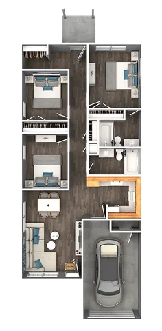 Contemporary floor plan featuring 3 spacious bedrooms, a cozy open-plan living area, functional kitchen, and convenient garage space.