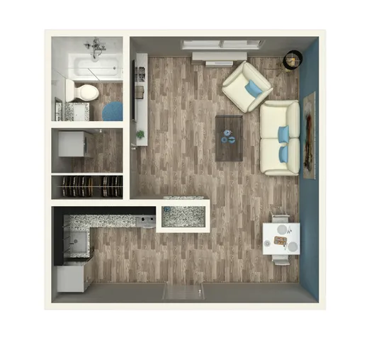Charming 3D floor plan showcasing a cozy living area, modern kitchen, and a well-appointed bathroom.