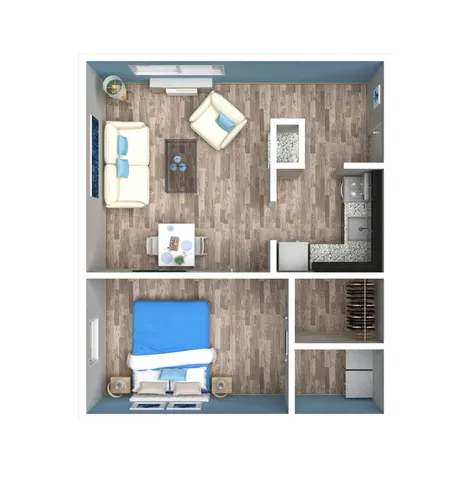 Chic 1-bedroom apartment floor plan with spacious living area, modern kitchen, and sleek wood flooring.