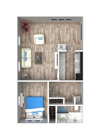 Modern 1-bedroom apartment floor plan with open living space, cozy kitchen, stylish bathroom, and elegant hardwood flooring.