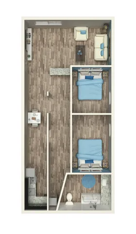 Stylish 3D floor plan featuring 2 cozy bedrooms, a spacious open-concept living and dining area, modern kitchen, and sleek bathroom layout.