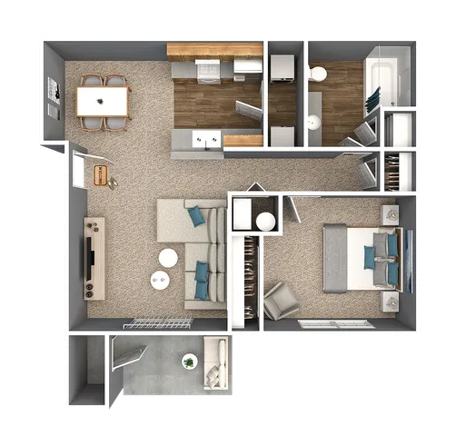 Modern 1-bedroom apartment floor plan with spacious living area, open kitchen, and cozy balcony view.