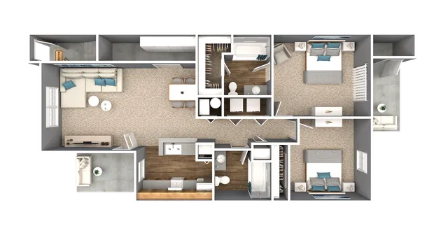 Charming floor plan showcasing 2 spacious bedrooms, a cozy living area, modern kitchen, and elegant bathrooms.