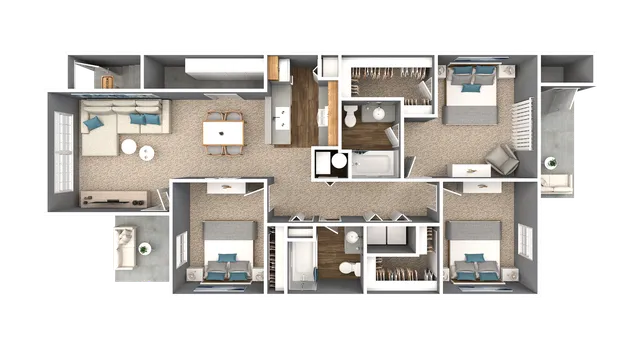 Modern apartment floor plan with three spacious bedrooms, stylish living room, and an open kitchen area, featuring bathrooms and walk-in closets for added luxury.