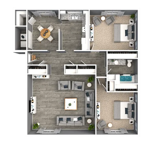 Chic 3D floor plan showcasing two luxurious bedrooms, an open-concept living room, a modern kitchen with dine-in area, and a stylish bathroom.