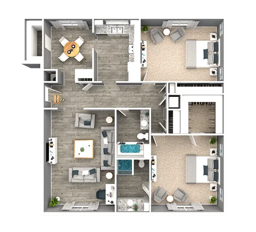 Beautiful 3D floor plan of a modern apartment featuring two spacious bedrooms, a cozy open living area, well-equipped kitchen, and elegant bathrooms.