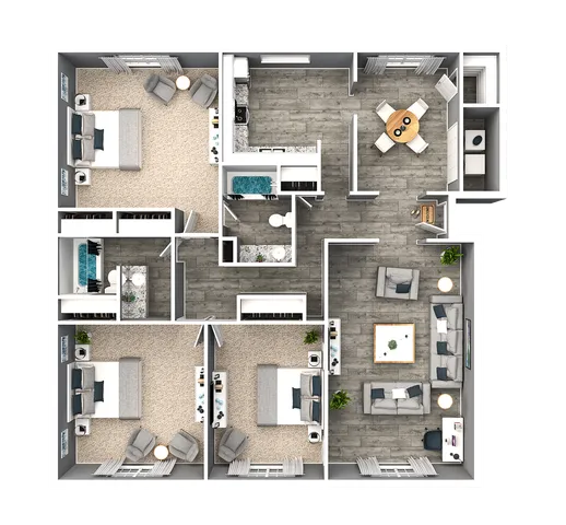 Modern 3D floor plan showcasing 3 spacious bedrooms, an elegant open-concept living room, dining area, and well-designed kitchen with stylish finishes.