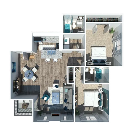 Contemporary 2D floor plan showcasing a stylish layout with 2 spacious bedrooms, modern kitchen, and open-plan living and dining area.