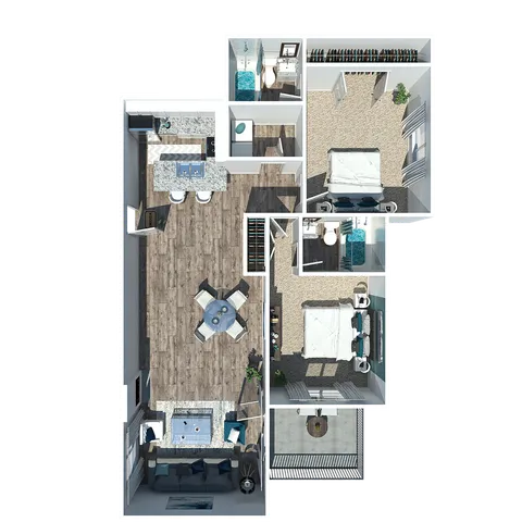 Modern floor plan showcasing 2 bedrooms, a stylish open kitchen with island seating, and a cozy living room with access to a private balcony.