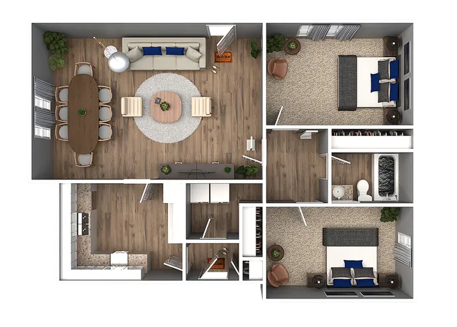 Chic 3D floor plan showcasing two spacious bedrooms, a modern kitchen, elegant dining area, and cozy living room with stylish decor.