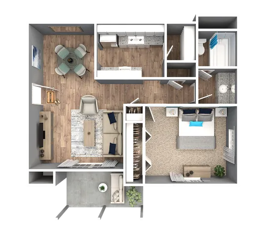 Modern floor plan showcasing a cozy 1-bedroom apartment with open-concept living and dining area, sleek kitchen, and stylish bathroom.