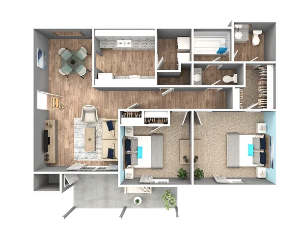 Contemporary 3D floor plan showcasing two spacious bedrooms, modern kitchen, and inviting living area with elegant wood flooring.
