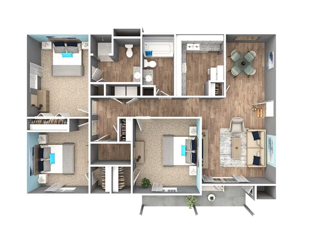Modern 3D floor plan showcasing three spacious bedrooms, an elegant open-concept living and dining area, a contemporary kitchen, and two bathrooms with stylish hardwood flooring and cozy carpeted rooms.