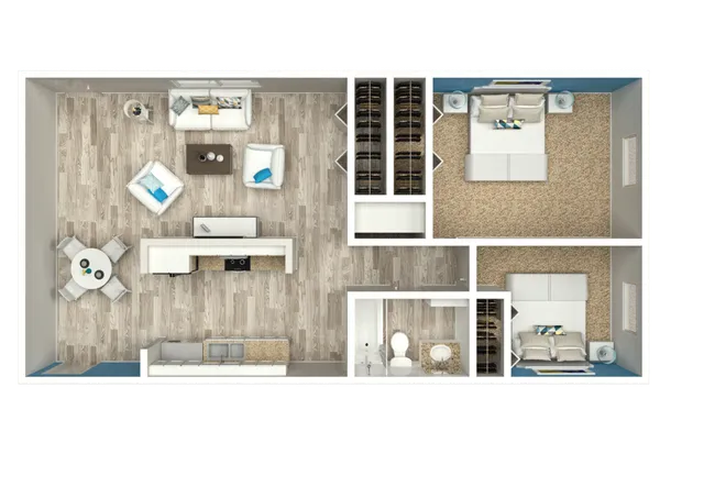 Elegant 2D floor plan showcasing a modern apartment with two cozy bedrooms, stylish living area, well-appointed kitchen, and a chic dining space.