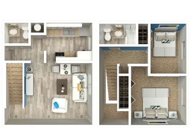 Modern 2D floor plan featuring two-level design with two spacious bedrooms, two bathrooms, stylish kitchen, and cozy living area.