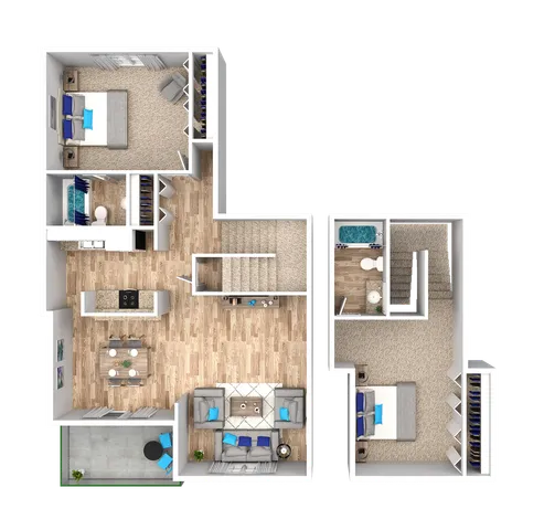 Chic 3D floor plan showcasing a modern two-story apartment with two cozy bedrooms, spacious living area, open kitchen, and stylish patio.