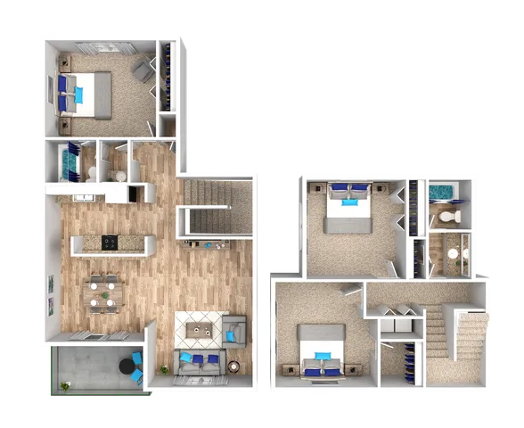 Elegant two-story floor plan with three bedrooms, open-concept living area, modern kitchen, and intimate balcony space.