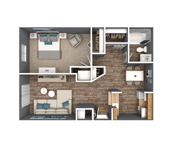Modern apartment floor plan showcasing 1 bedroom, a cozy living area, sleek kitchen, and stylish dining space with wood flooring.