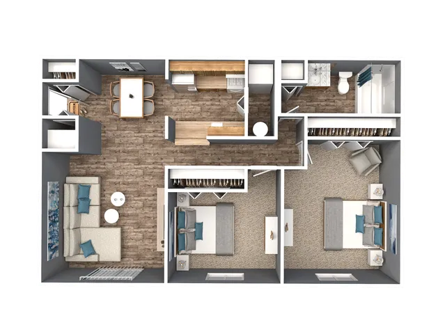 Modern 2D floor plan showcasing 2 cozy bedrooms, open-concept living and dining area, stylish kitchen, and elegant bathroom.