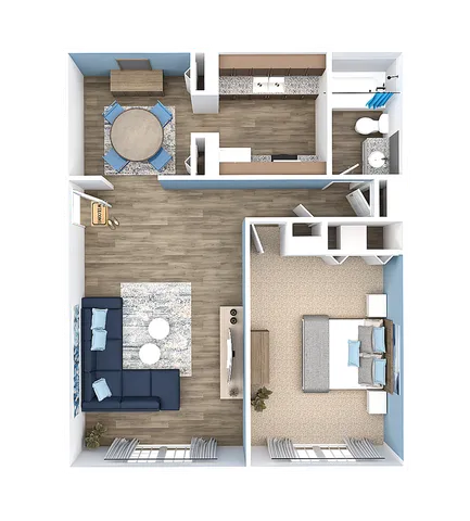 Contemporary floor plan featuring a cozy bedroom, spacious living area with sectional sofa, modern kitchen, and elegant dining space.