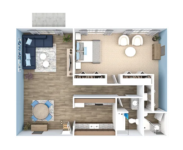 Chic 3D floor plan showcasing an elegant one-bedroom layout with a spacious living area, modern kitchen, and cozy bathroom, ideal for stylish urban living.