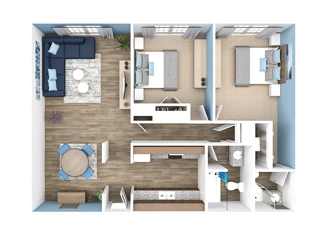 Contemporary 2D floor plan featuring a cozy living room, two stylish bedrooms, a modern kitchen, and a welcoming dining area.