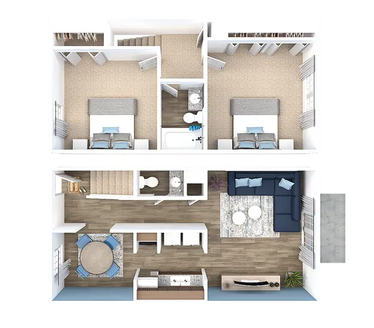 Chic 3D floor plan showcasing 2 elegant bedrooms, modern kitchen, cozy living room, and 2 stylish bathrooms.
