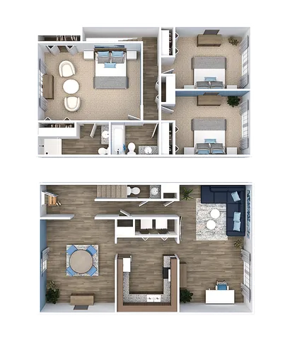 Modern 2D floor plan highlighting a spacious layout with three bedrooms, contemporary kitchen, and inviting living and dining areas, ideal for stylish urban living.