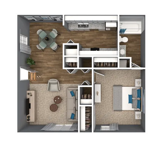 Elegant floor plan showcasing an open-concept living and dining area, modern kitchen, luxurious bedroom, and a well-appointed bathroom.