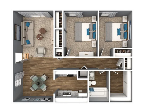 Elegant floor plan showcasing 2 cozy bedrooms, stylish living room, modern kitchen, and a sleek dining area with wood flooring.