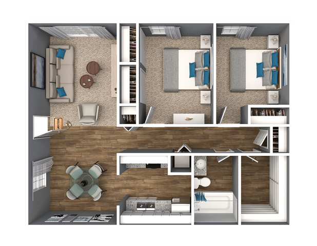 Modern 2D floor plan showcasing 2 cozy bedrooms, a welcoming living area, and a chic dining space adjacent to a sleek kitchen, perfect for urban living.