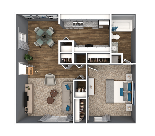 Modern 3D floor plan showcasing a cozy apartment featuring a spacious bedroom, elegant living room with a chic seating area, and a stylish open-concept kitchen and dining room.