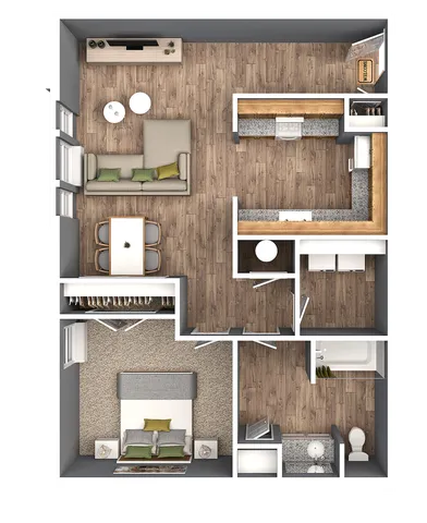 Modern floor plan featuring an elegant 1-bedroom apartment with open living and dining space, sleek kitchen, and stylish bathroom.