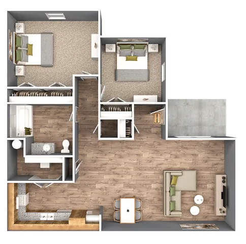 Modern 2D floor plan showcasing 2 bedrooms, a stylish open-concept living and dining area, contemporary kitchen, and elegant bathroom.