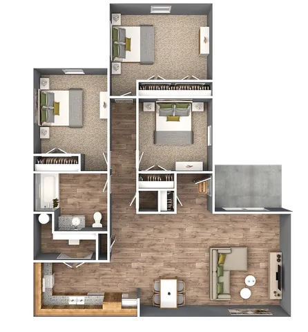 Modern floor plan featuring 3 elegant bedrooms, open-concept living area with sleek wood flooring, stylish kitchen, and spacious bathroom.