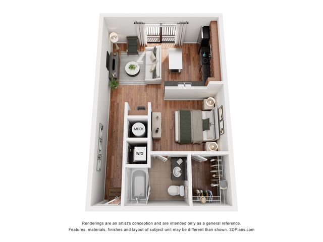 Cozy one-bedroom apartment floor plan featuring an open living area, modern kitchen, and inviting bathroom. Convenient in-unit washer and dryer included.