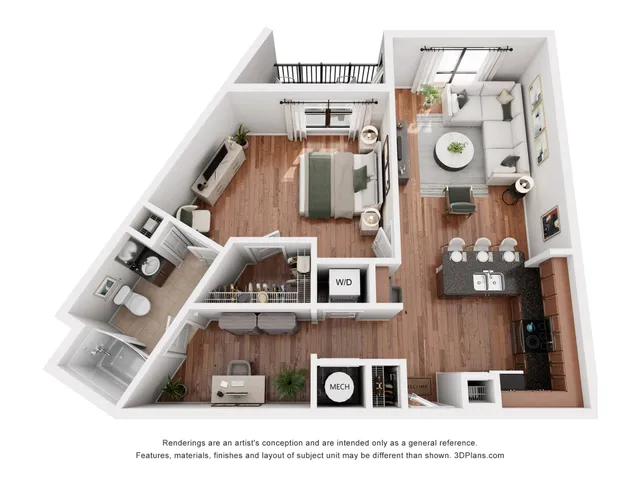 Modern 3D floor plan showcasing a single-bedroom apartment with an open-concept living area, stylish kitchen, and spacious bathroom. Features a cozy bedroom, sleek bar seating, and a private office space.