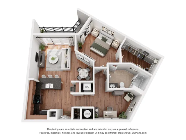 Inviting 3D floor plan showcasing a modern one-bedroom apartment with an open-concept living area, stylish kitchen with island, elegant bedroom, walk-in closet, and a cozy balcony.