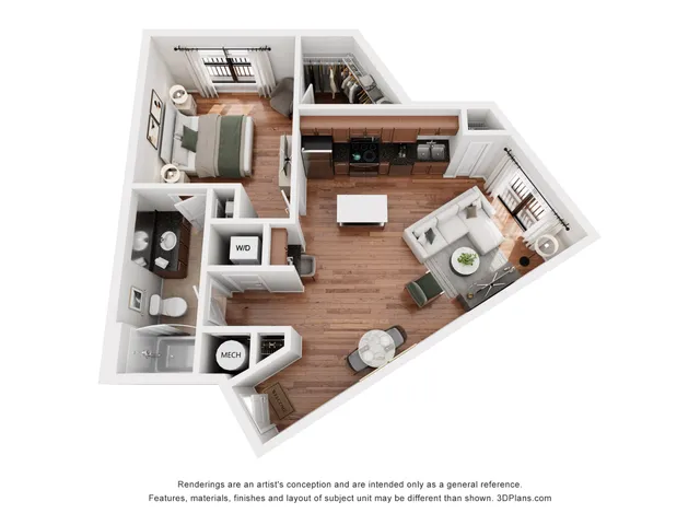 Modern 3D floor plan featuring a spacious one-bedroom apartment with an open-concept living and dining area, stylish kitchen, and cozy bathroom.